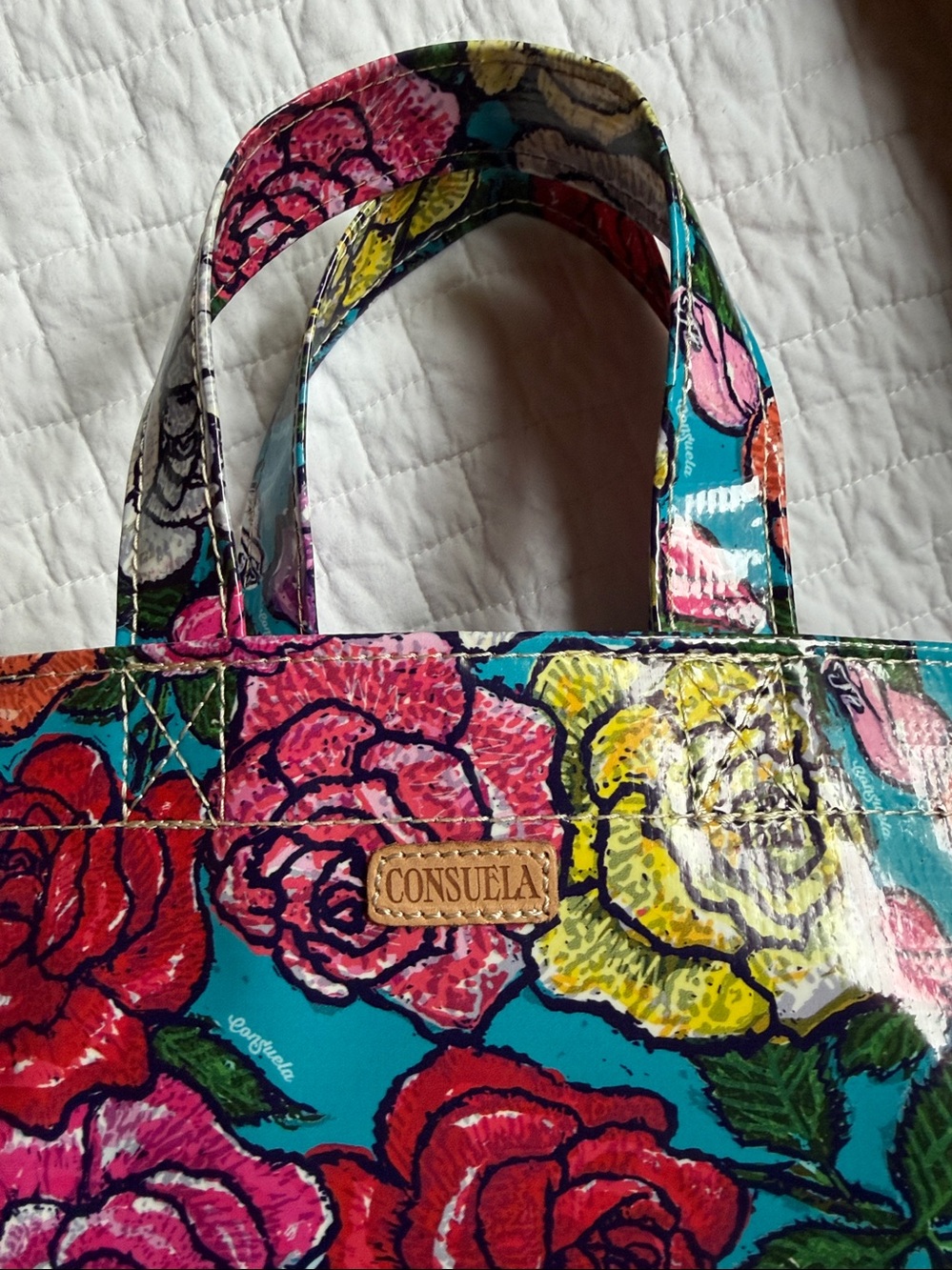 Consuela Turquoise Floral Mini Tote with Pink & Yellow Roses - Picture 2 of 6
